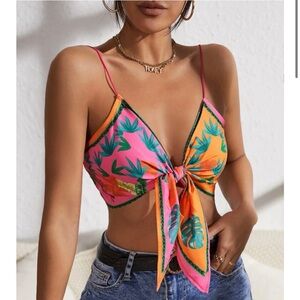 NWOT Pink and Orange Tropical Tie-Front Crop Camisole